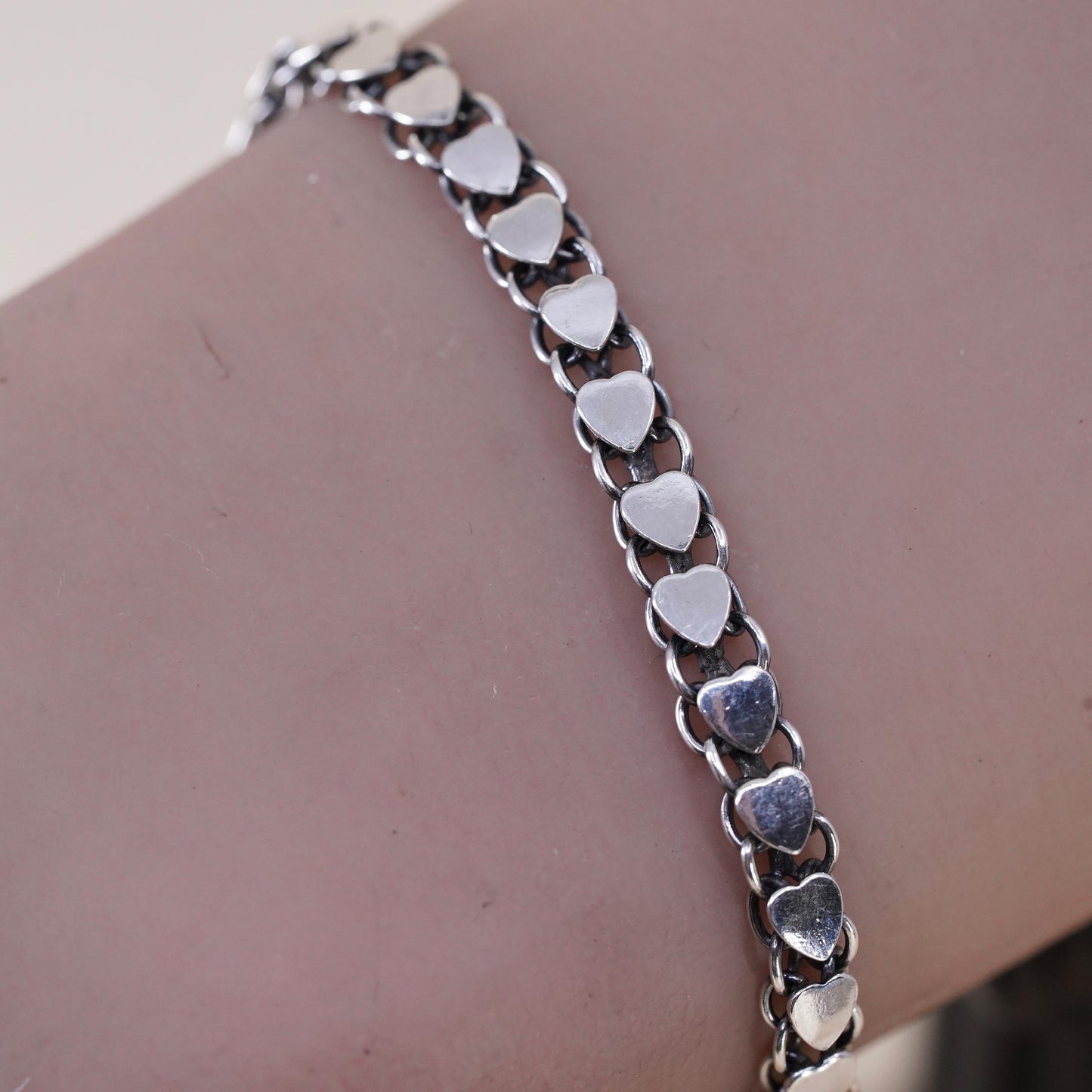 9+1”, Vintage sterling 925 silver bracelet anklet, Italy heart link chain
