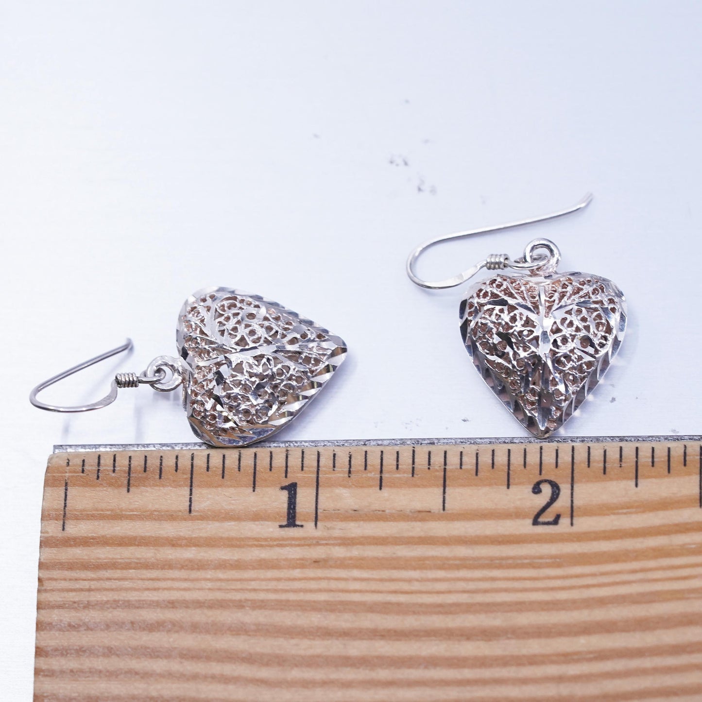 Vintage Sterling 925 silver handmade filigree puffy heart earrings