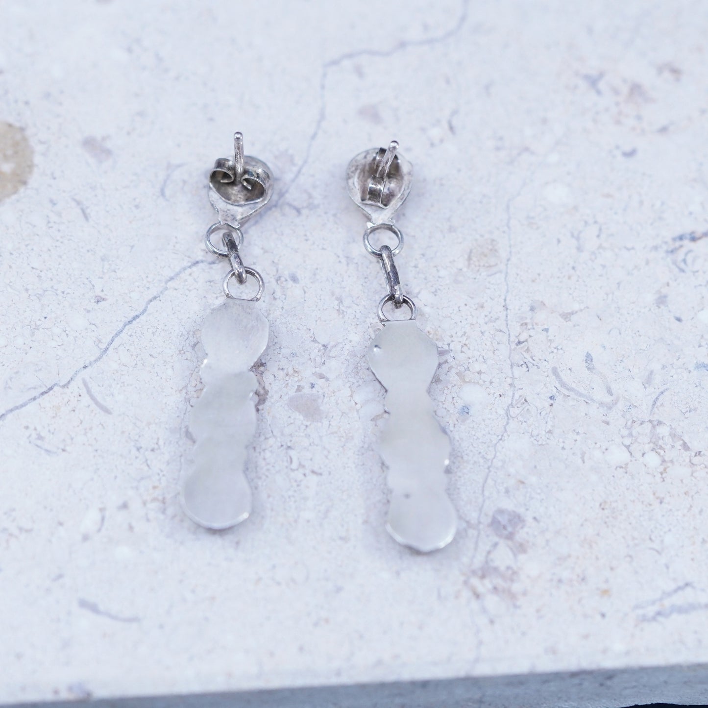 sterling silver handmade earrings, 925 long dangles with pink mother of pearl