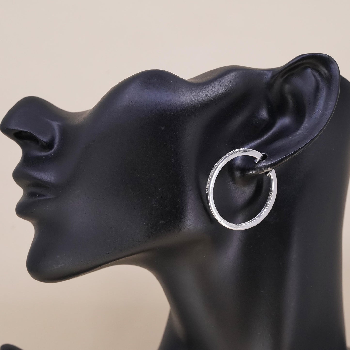 1.25", Vintage sterling silver loop single earring, hoop with cluster diamonds
