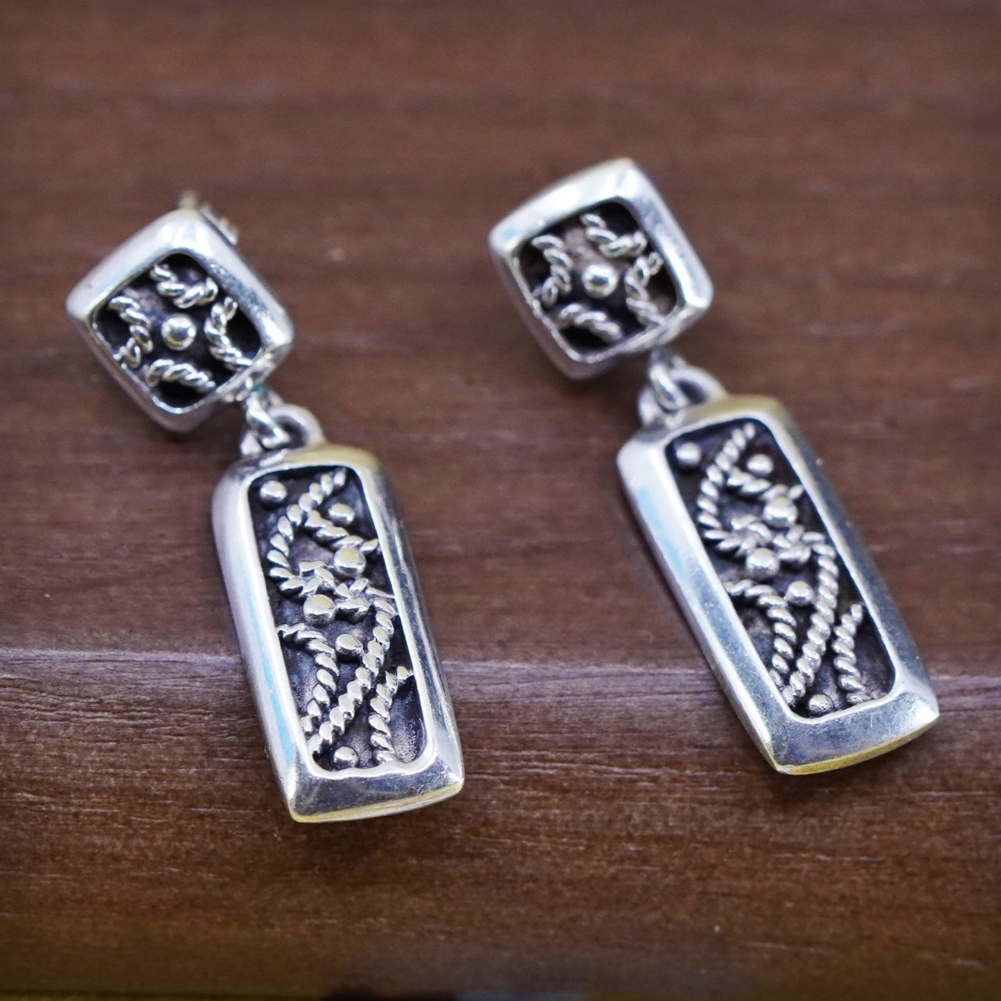Vintage Sterling silver handmade earrings, 925 Bali Filigree beads drops