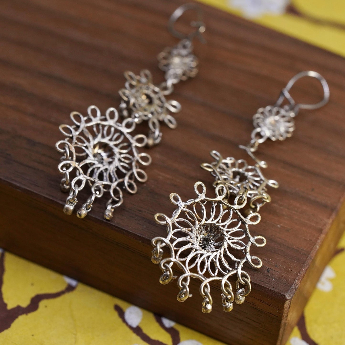 Vintage Sterling 925 silver handmade filigree flower long earrings