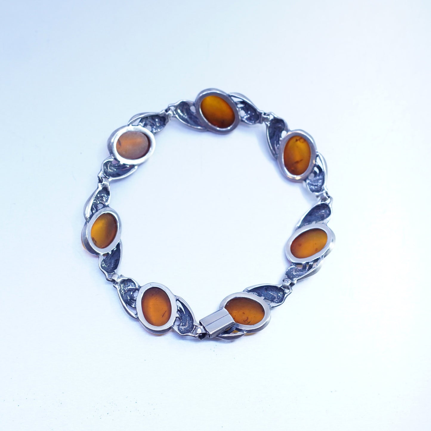 7.75”, Vintage Sterling 925 silver handmade tennis bracelet chain with amber