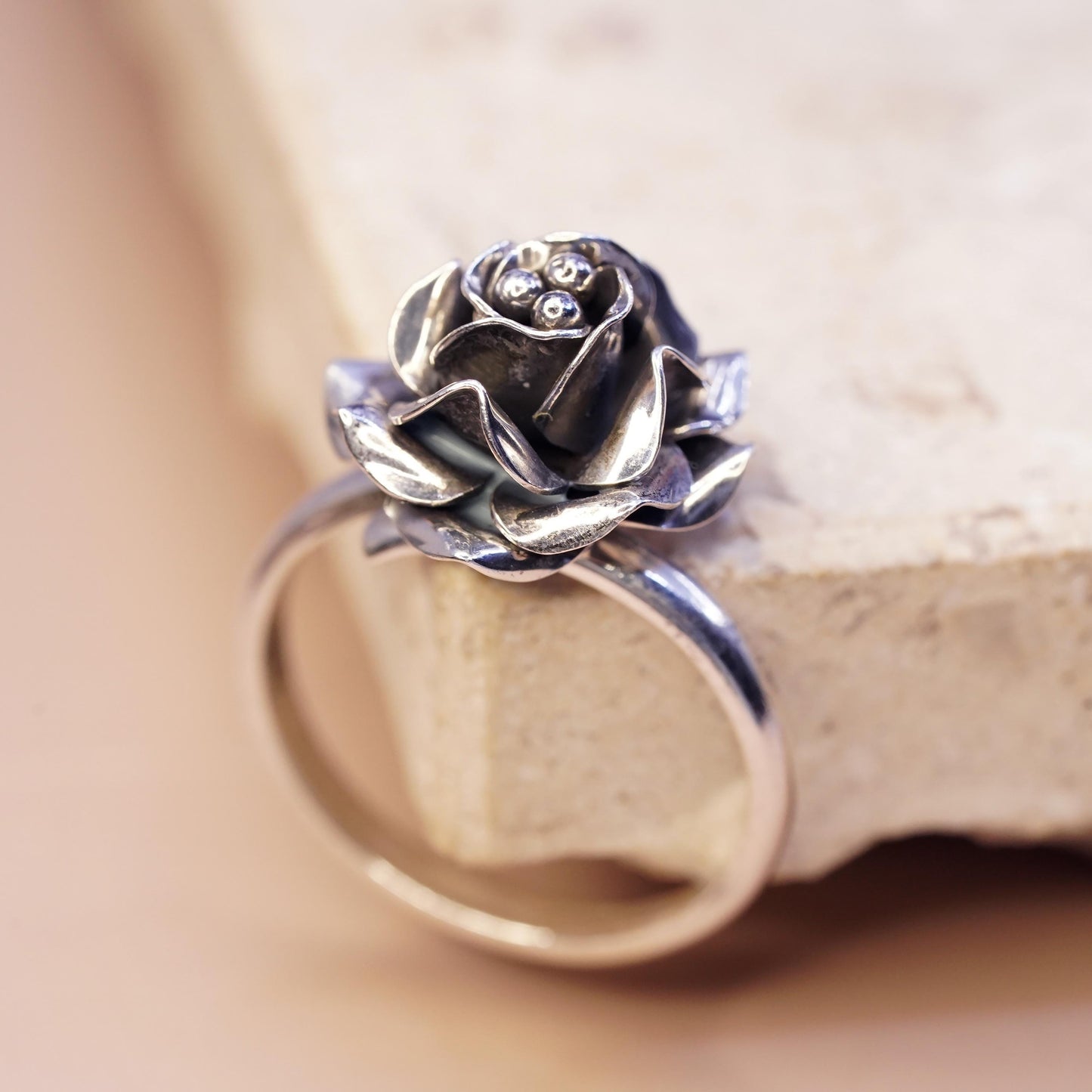 Size 8.5 adjustable, vintage Mexican Sterling silver ring, 925 rose flower band