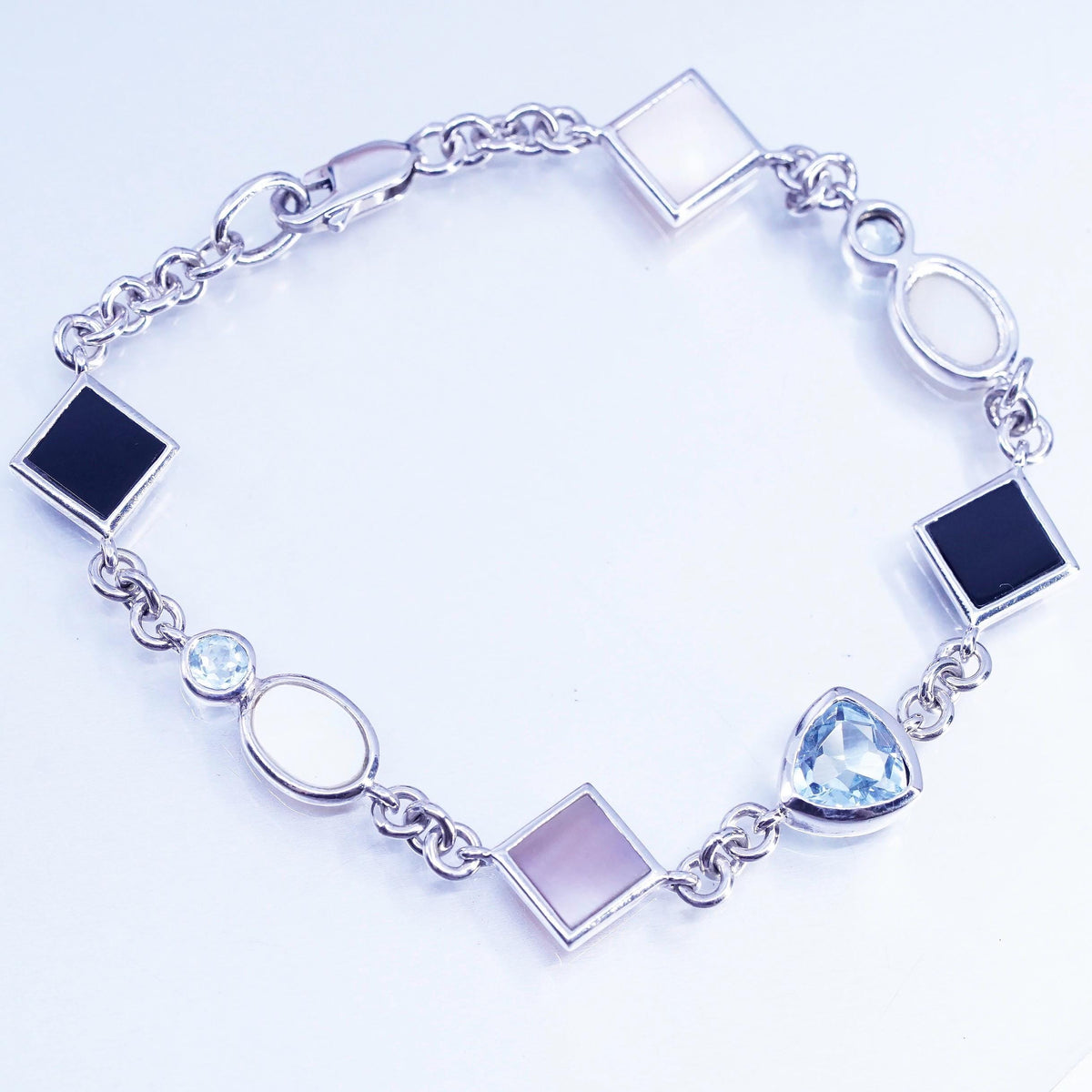7.5”, sterling 925 silver inlay bracelet black onyx topaz pink mother of pearl
