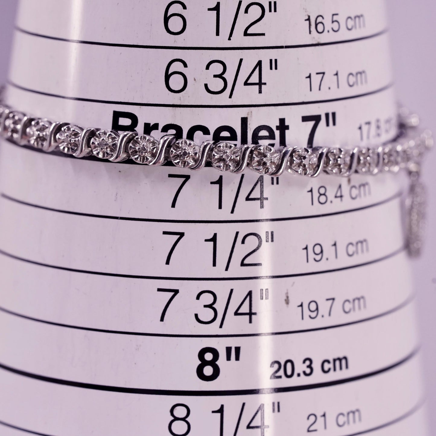 7", vintage sterling 925 silver tennis floral bracelet with diamond details