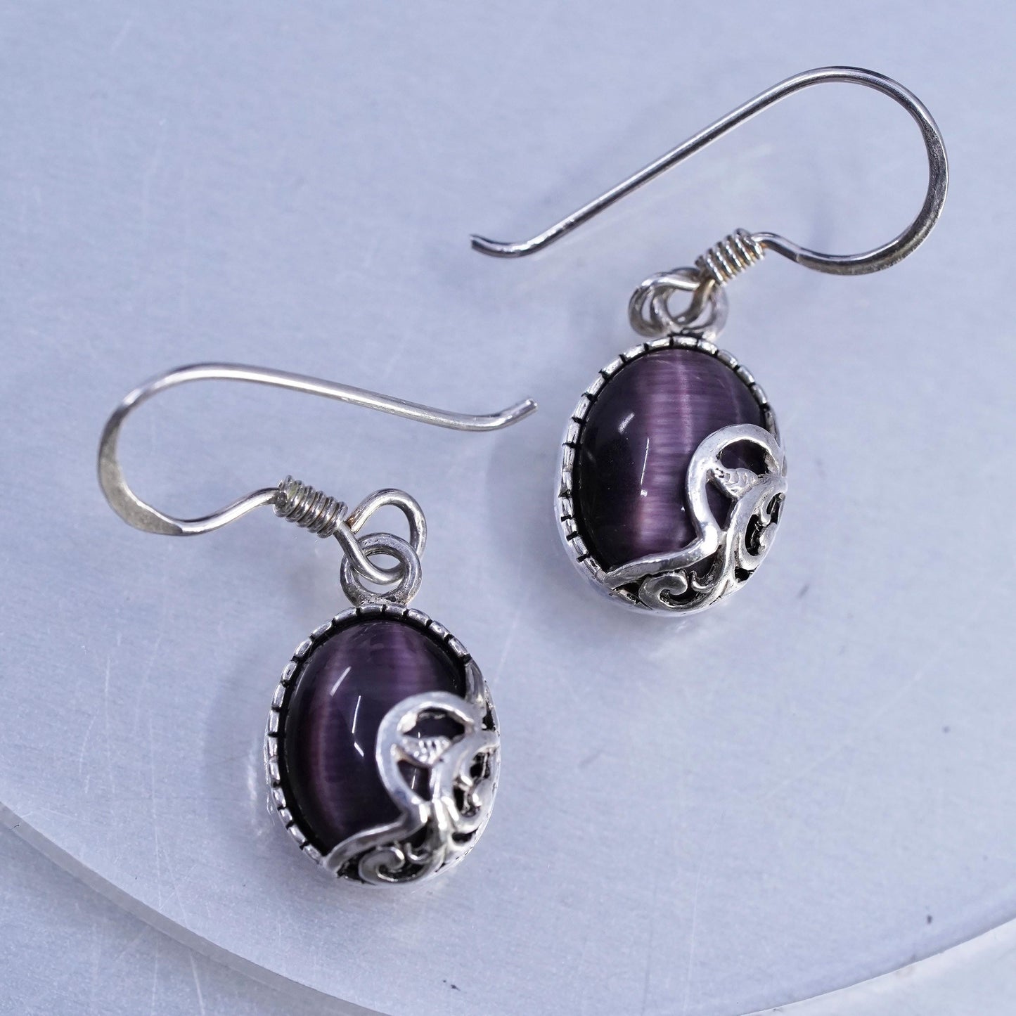Vintage Sterling Silver Handmade Earrings, 925 Silver with purple Tiger Eye