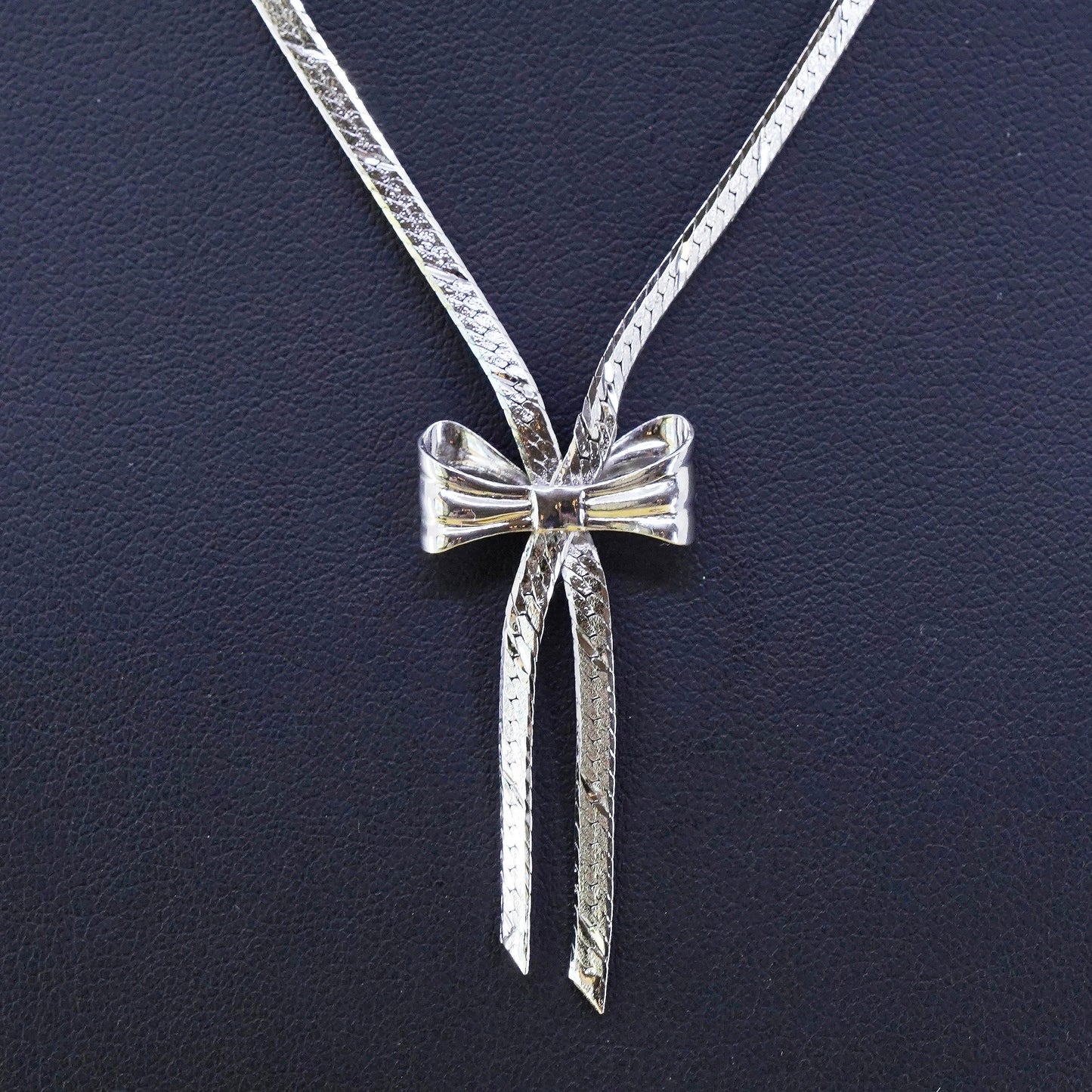 16", Sterling silver herringbone chain, Italy 925 necklace with ribbon pendant