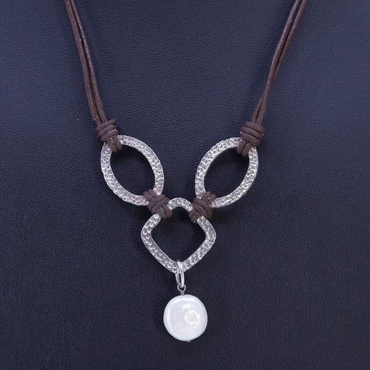 16+2”, Silpada .925 Sterling Silver Handmade Pearl brown Leather Necklace N1257