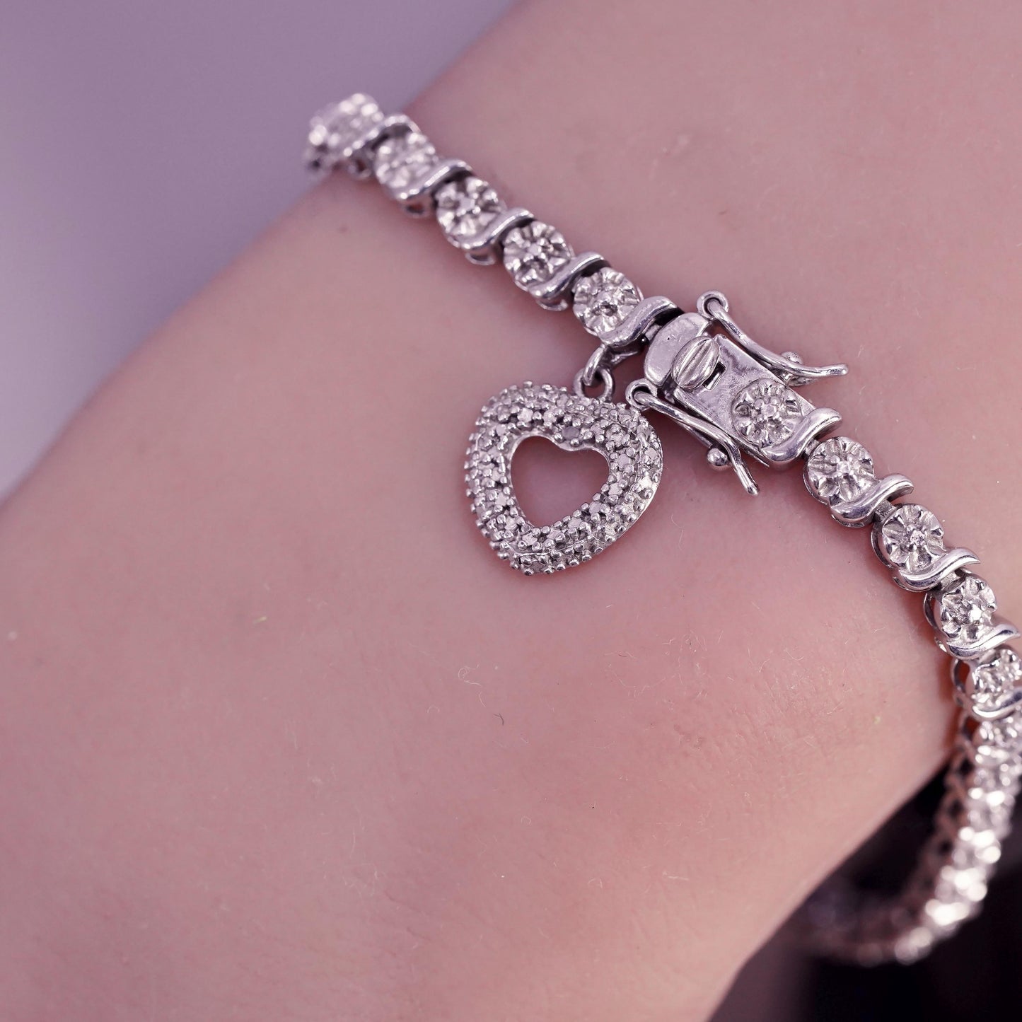 7", vintage sterling 925 silver tennis floral bracelet with diamond details
