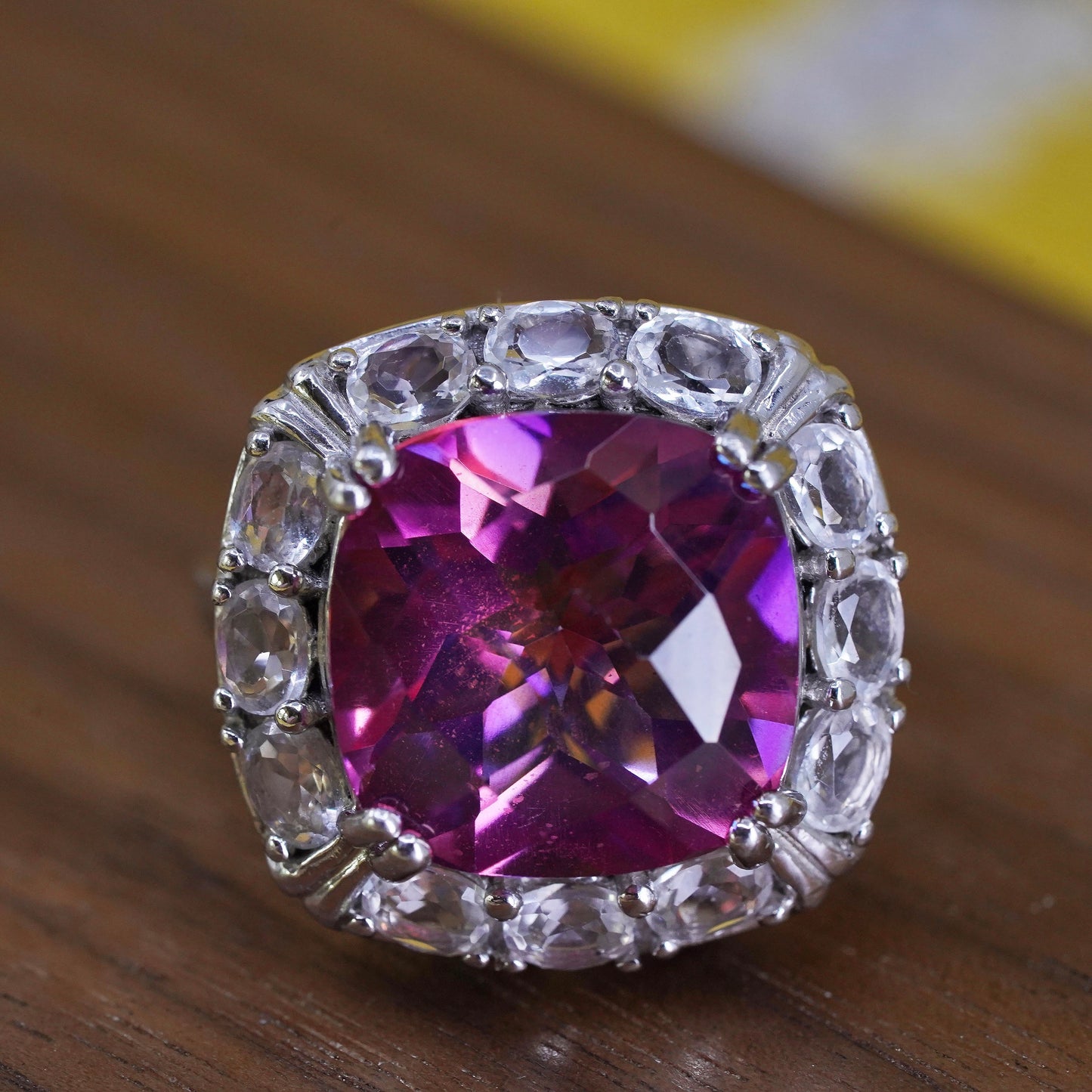 Size 7.75, vintage Sterling 925 silver statement cocktail ring w/ pink crystal