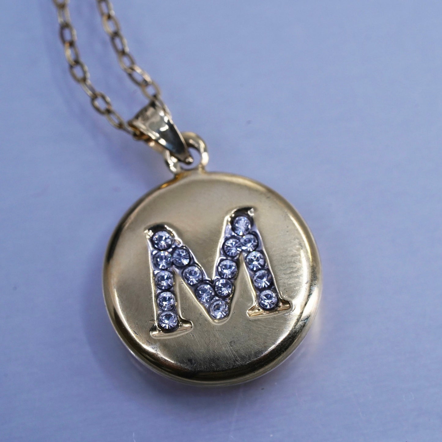 18”, vermeil gold over Sterling 925 silver circle necklace letter M pendant cz