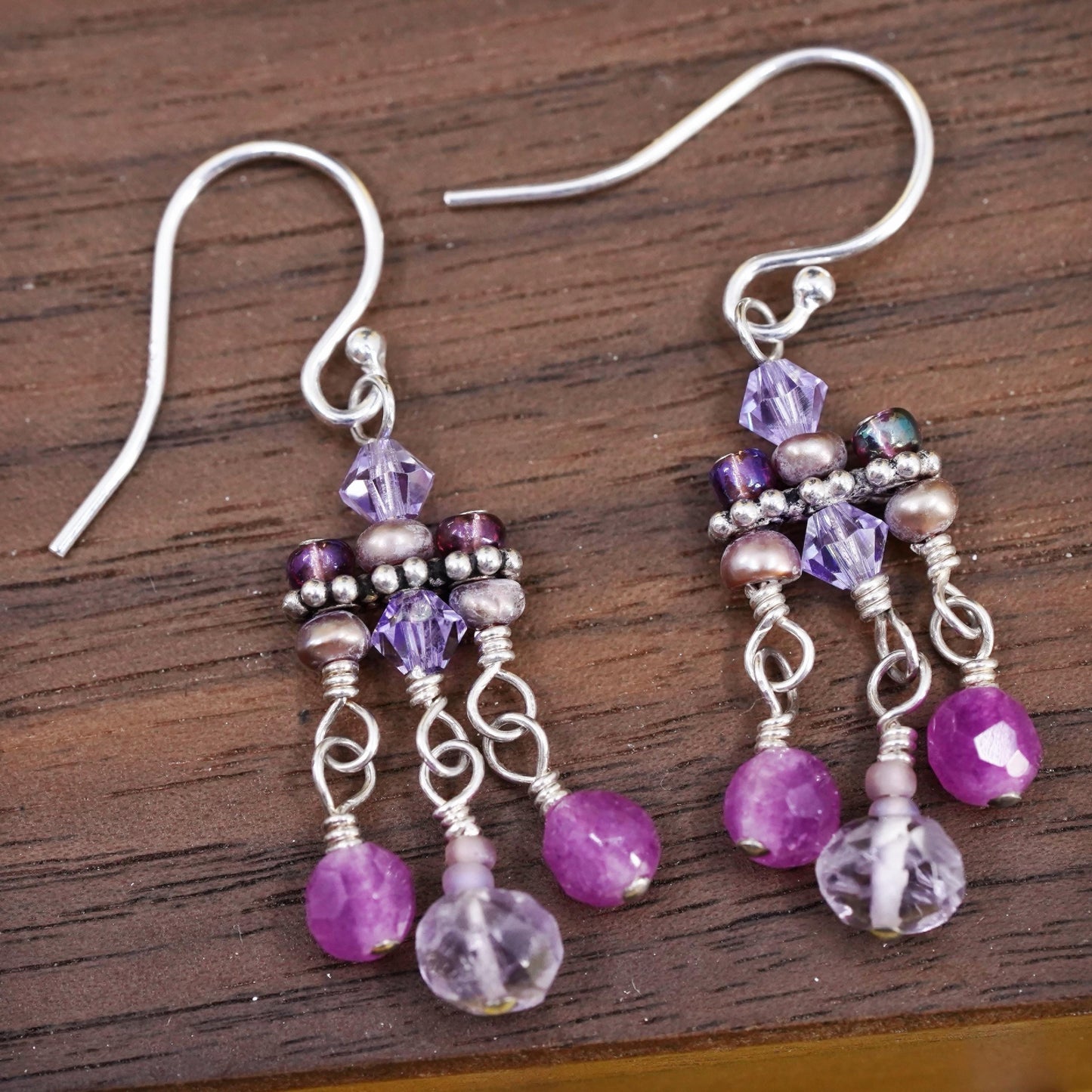Vintage Sterling 925 silver handmade earrings with crystal and ruby beads