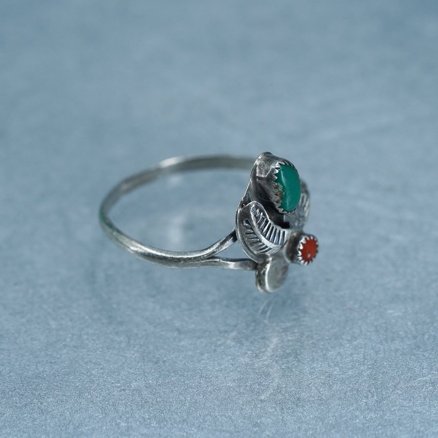 sz 6.5, Native American Navajo Sterling 925 silver ring turquoise coral feather