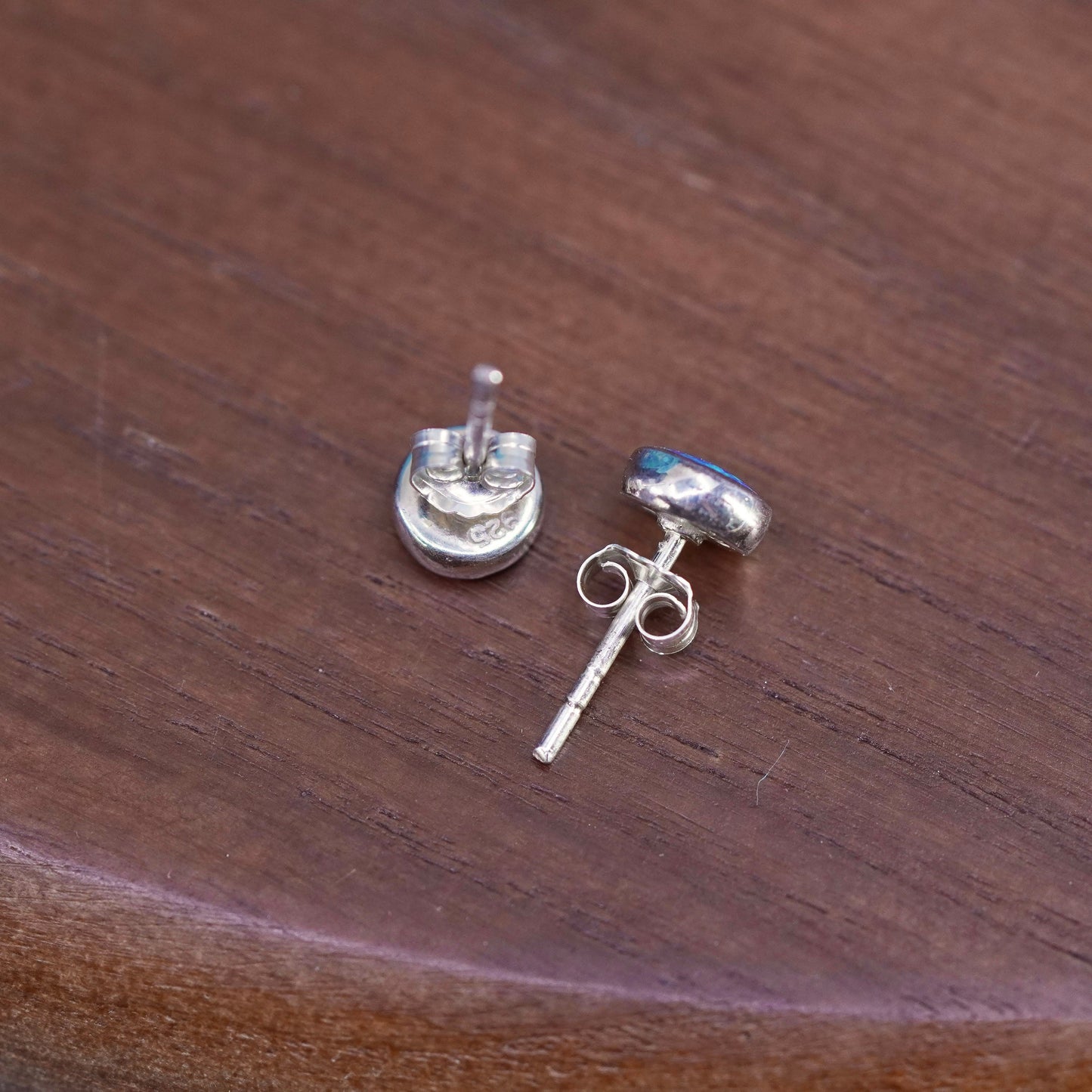 Vintage sterling silver handmade earrings, 925 round studs with opal inlay
