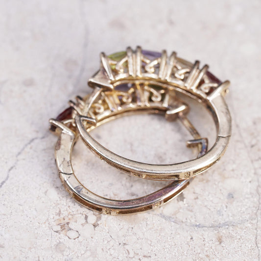 0.75", Gold Vermeil Sterling Silver Multi Gemstone Hoop Earrings, Huggie Hoops