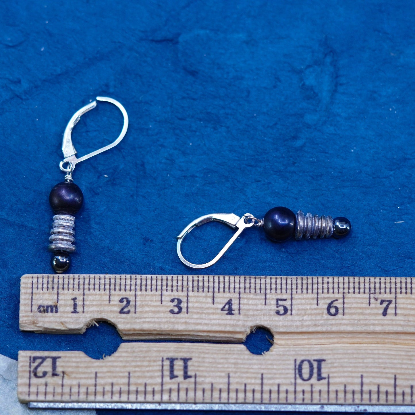 Vintage Sterling silver handmade earrings, 925 hooks with black pearl