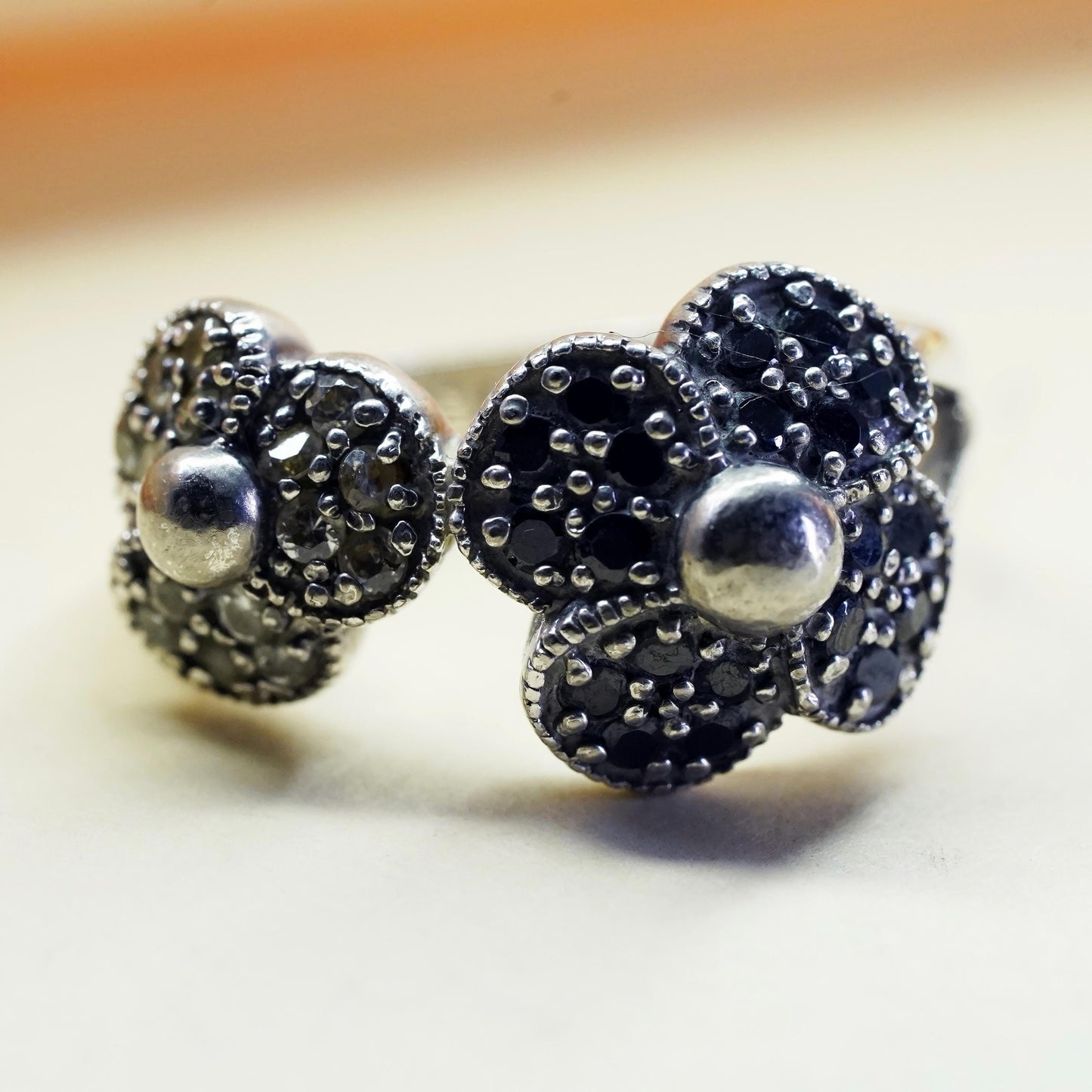Size 6, Vintage Sterling silver ring, 925 silver flower ring cluster CZ spinel