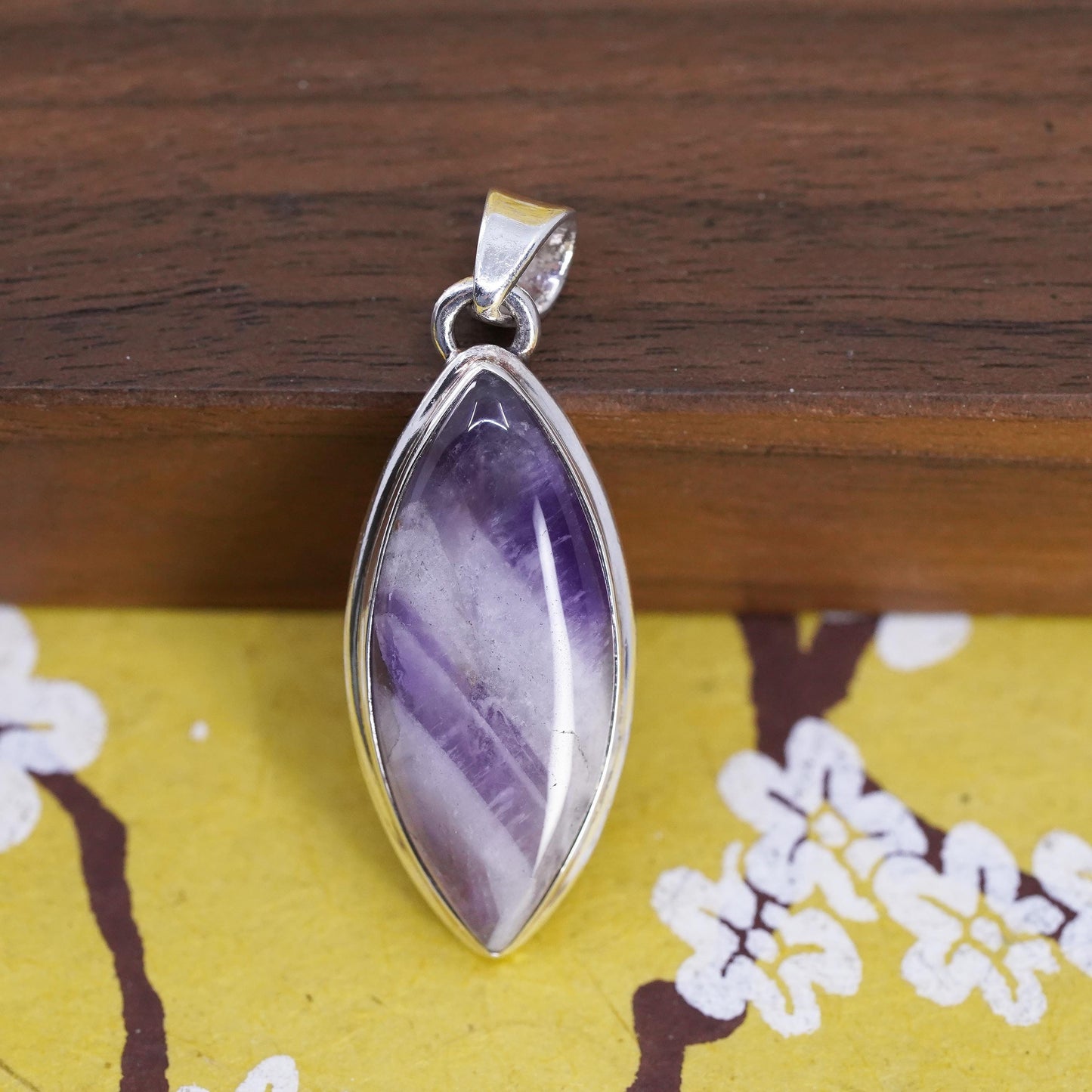 Vintage Sterling 925 silver handmade marquise shaped pendant with amethyst