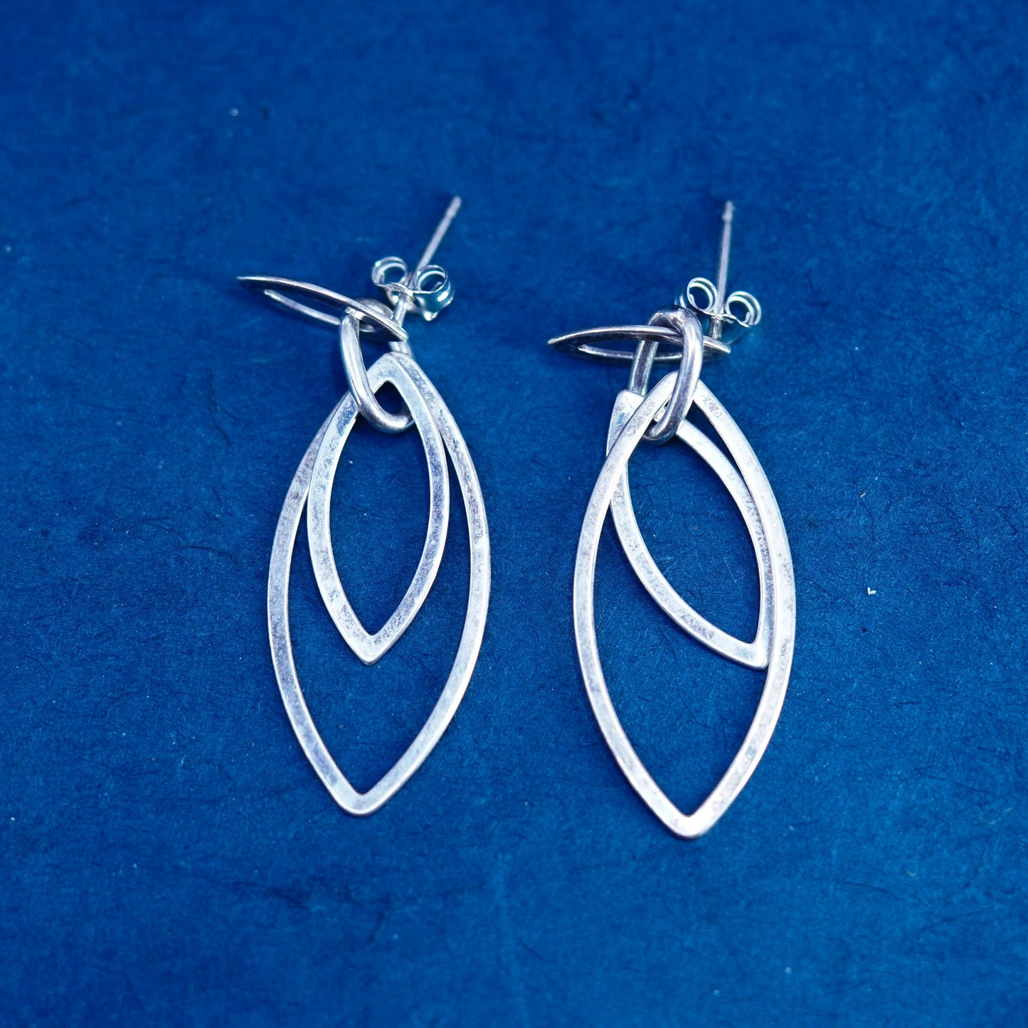 Vintage sterling silver handmade earrings, 925 hammered marquise shaped drops