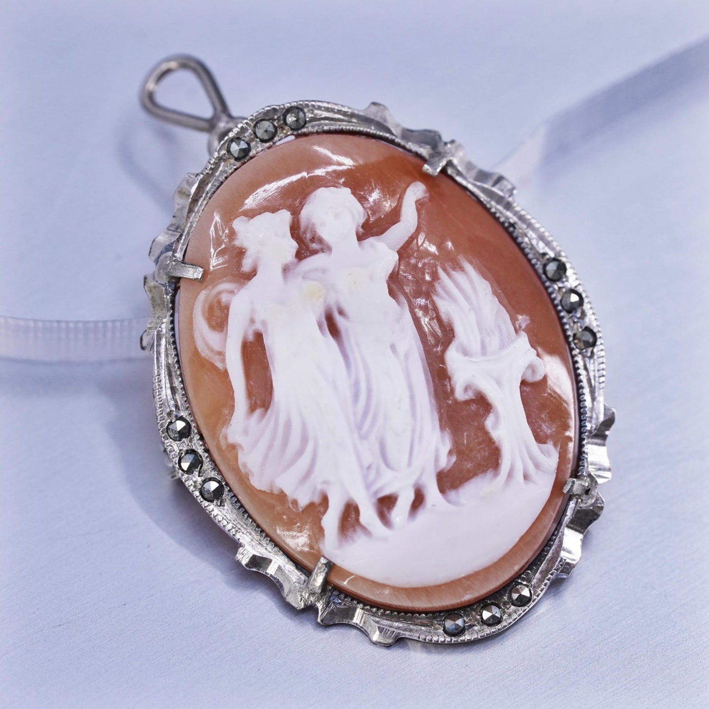 Vintage Sterling 925 silver handmade brooch pendant w/ agate carved cameo girl