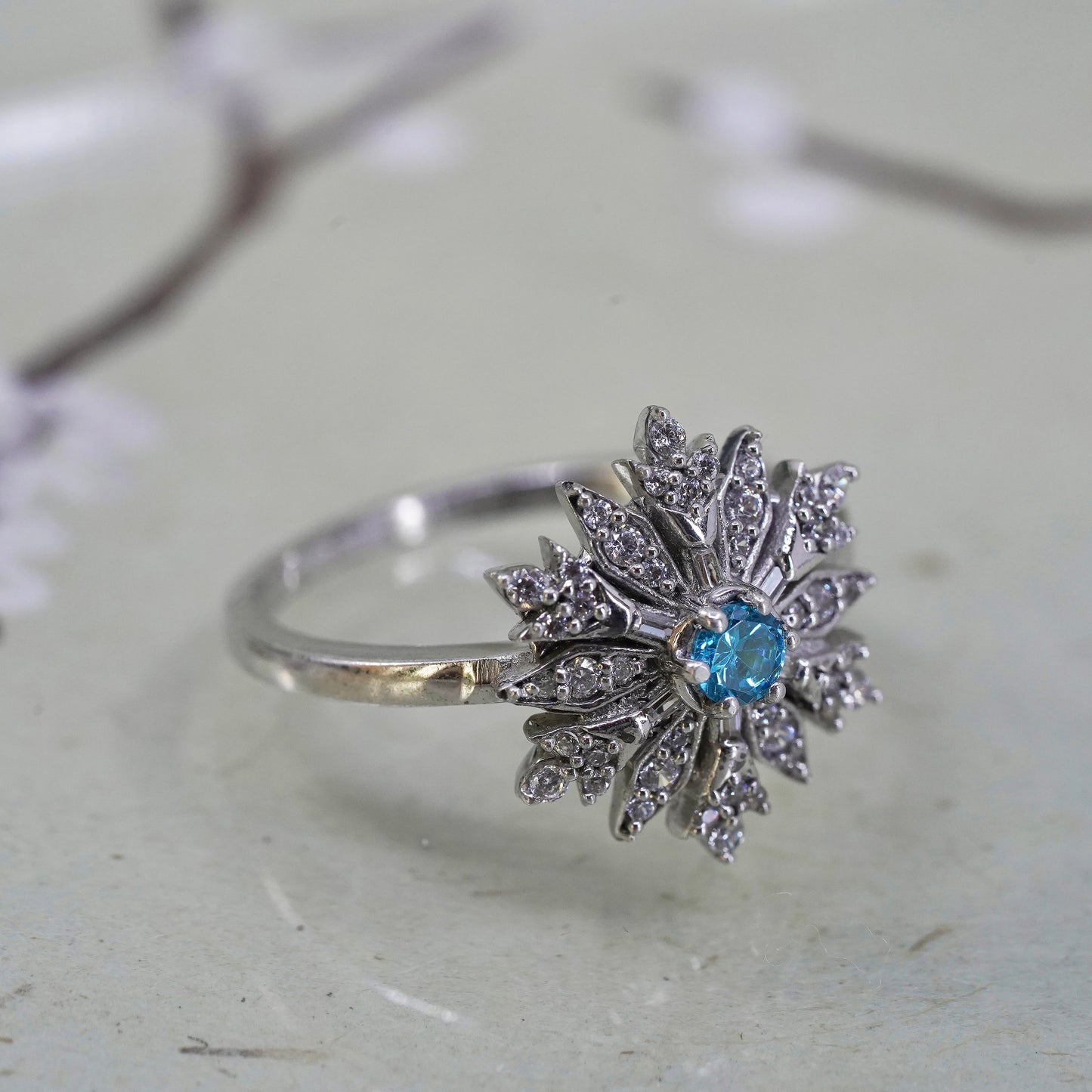 Size 8.75, 925 Sterling silver snowfalke ring with CZ cluster, engagement ring