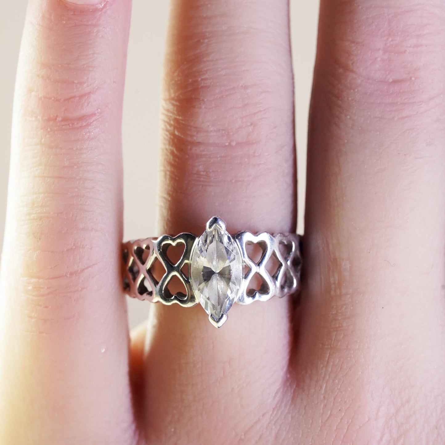 Size 10, VTG 925 Sterling silver filigree ring Marquise cut cz, engagement ring