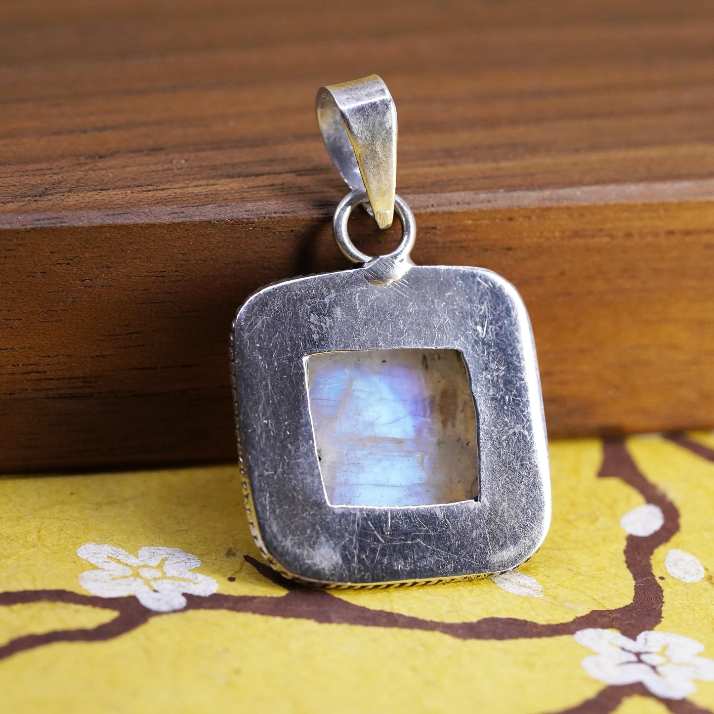 Vintage Sterling Silver Handmade Pendant, solid 925 silver square w/ moonstone