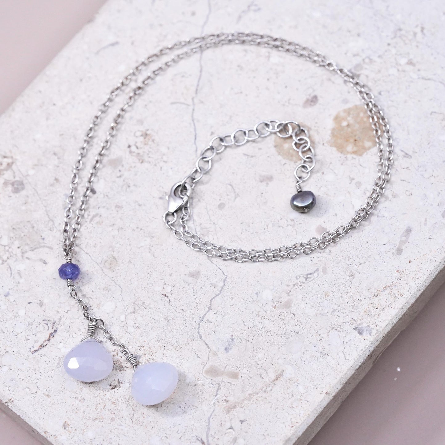 16+2”, Sterling silver necklace, 925 circle chain teardrop chalcedony pendant