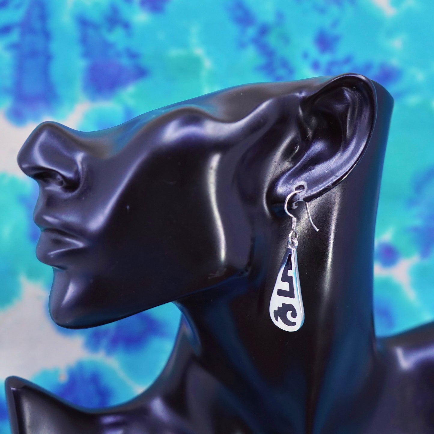 vtg Mexican sterling silver handmade earrings, 925 teardrop with pattern inlay