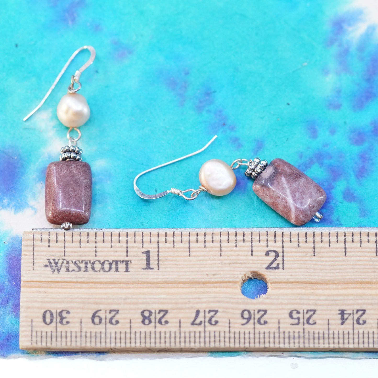 Vintage Sterling 925 silver handmade earrings with pearl and jasper