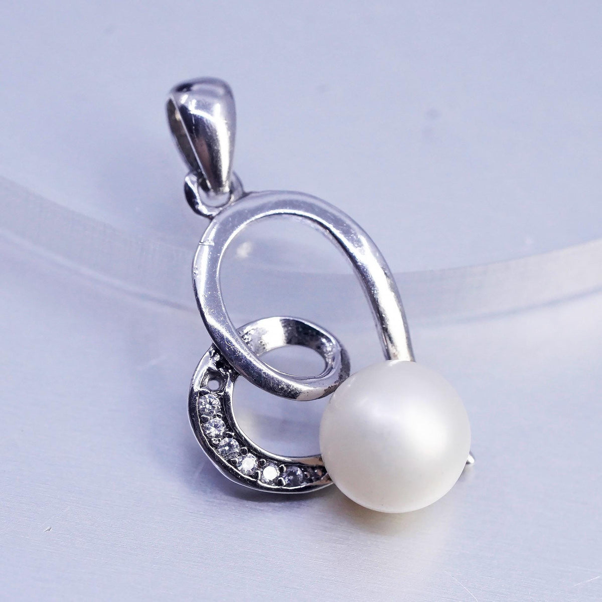 Vintage sterling 925 silver handmade pendant with freshwater pearl and cz
