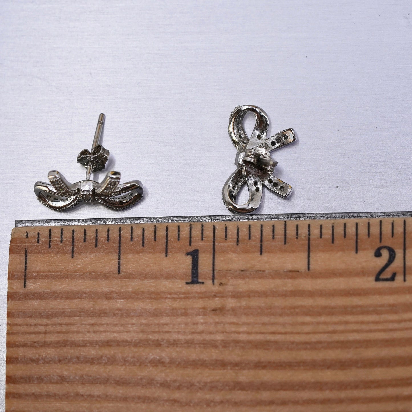 Vintage Sterling silver cluster clear crystal ribbon bow tie studs, cz earrings