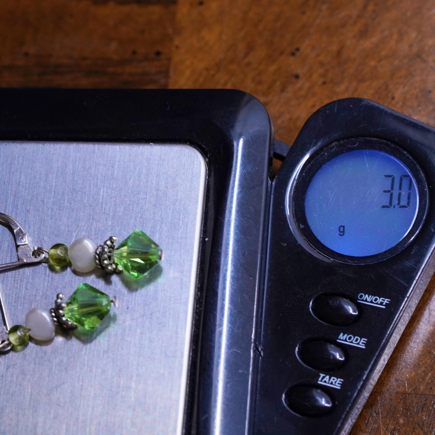 Vintage sterling silver handmade earrings, 925 silver with green crystal drops