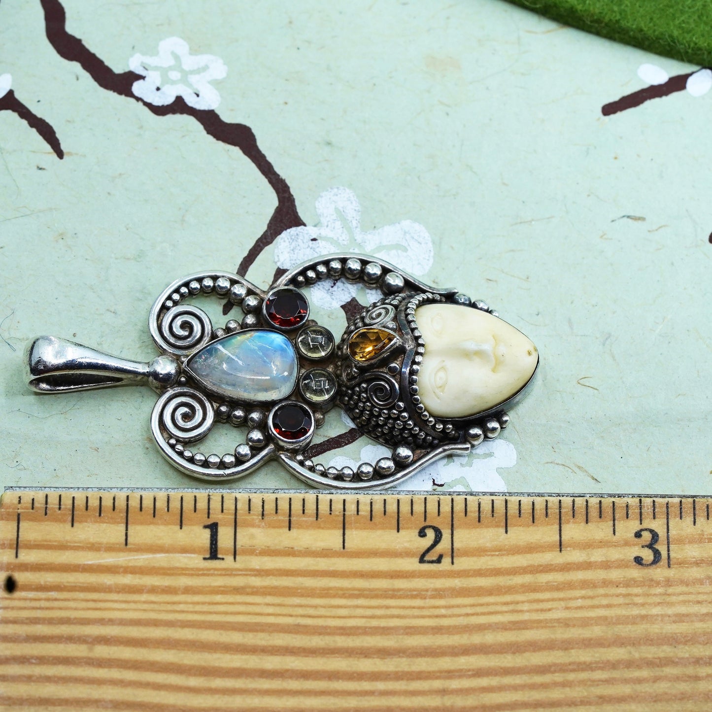 sajen Sterling 925 silver carved moonface pendant with moonstone ruby citrine