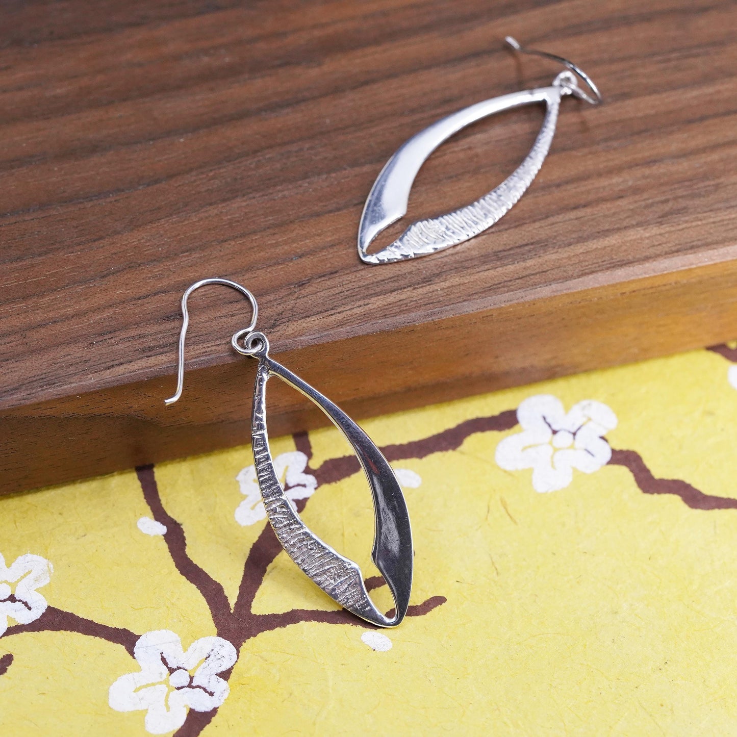 Vintage Sterling silver handmade earrings, 925 leaves shaped, textured dangles