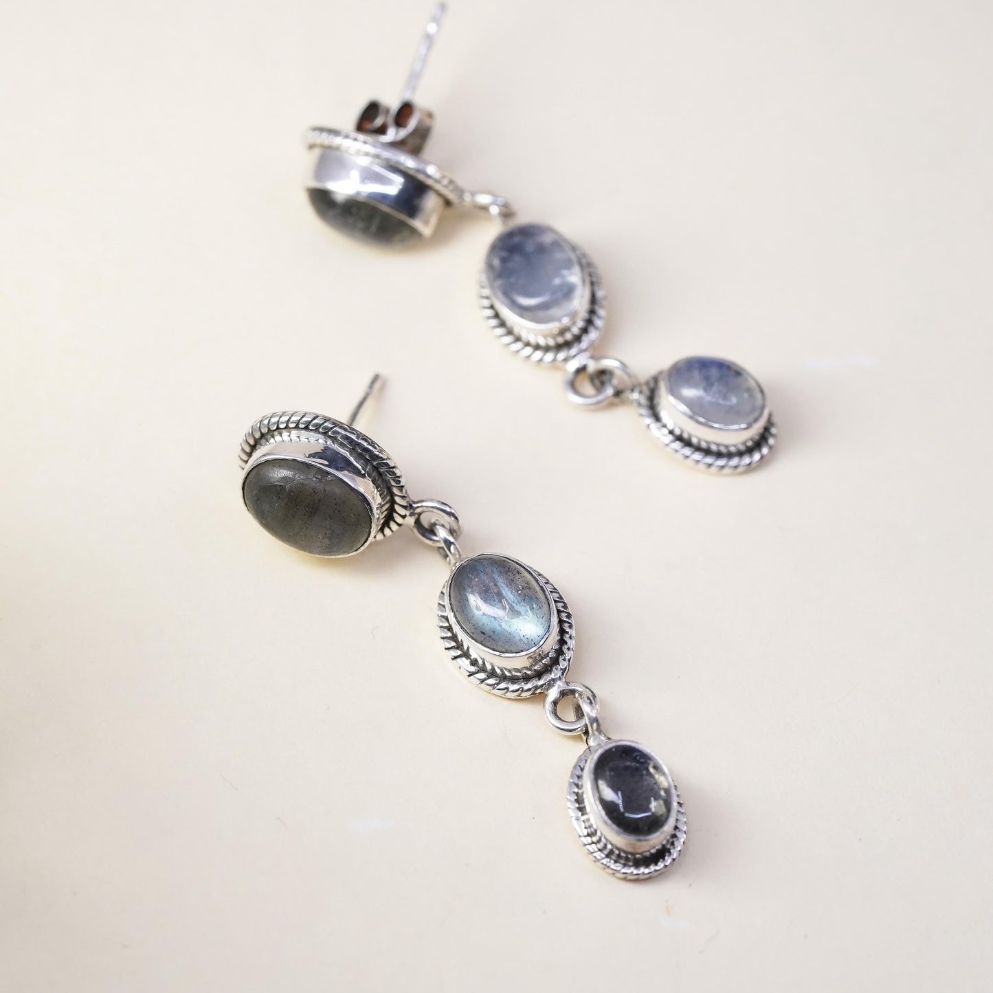 Vintage R&G Sterling 925 silver handmade earrings with moonstone
