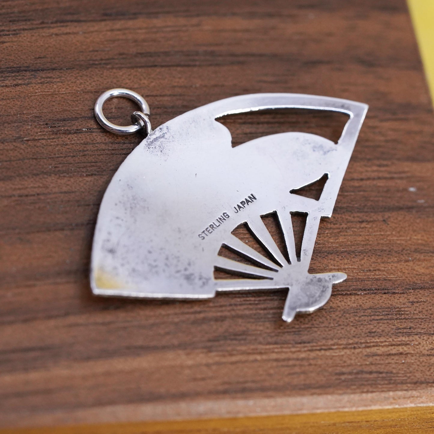 Japanese Fan Pendant Gold & Sterling 925 Silver, Traditional Landscape Scene
