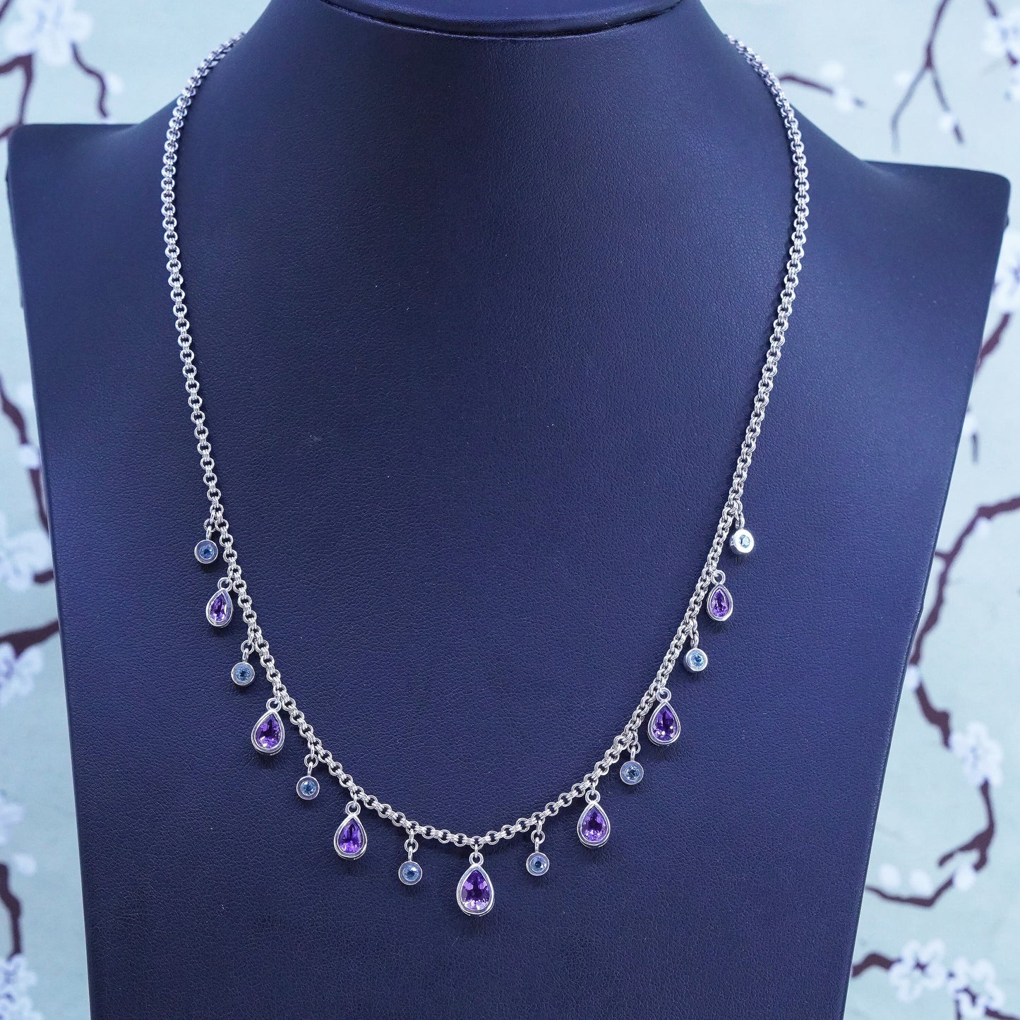 16+2", veg Sterling 925 silver handmade necklace with teardrop amethyst pendant