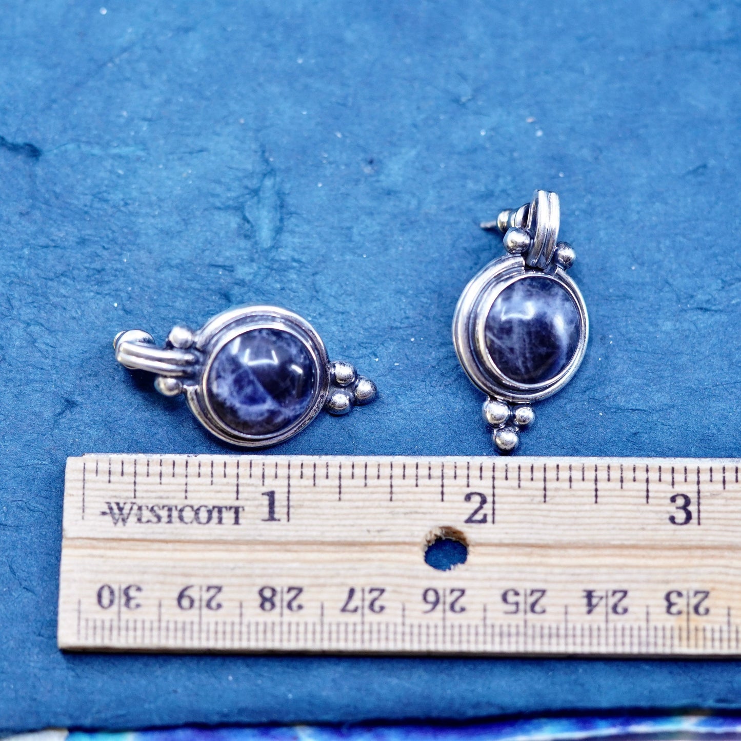 Vintage Sterling silver handmade earrings, 925 studs with round sodalite