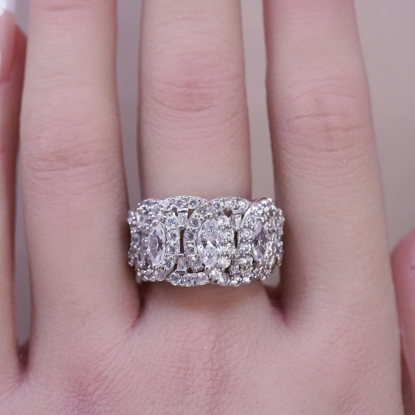 Size 8, Vintage 925 Sterling Silver CZ Marquise Cluster Ring Sparkling Cocktail
