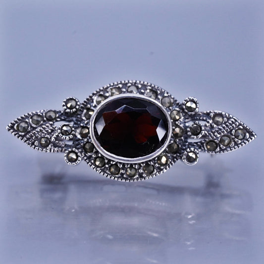 Vintage sterling silver handmade brooch, 925 pin with garnet and marcasite