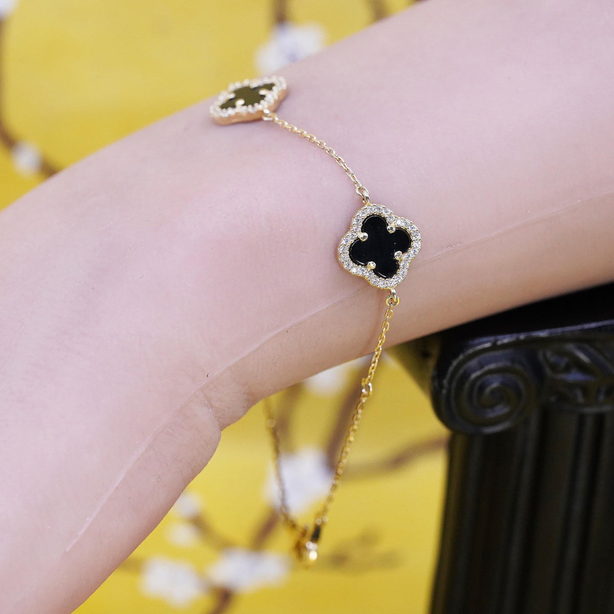 7.5”, Vermeil gold sterling silver bracelet, 925 lucky onyx clever cluster Cz