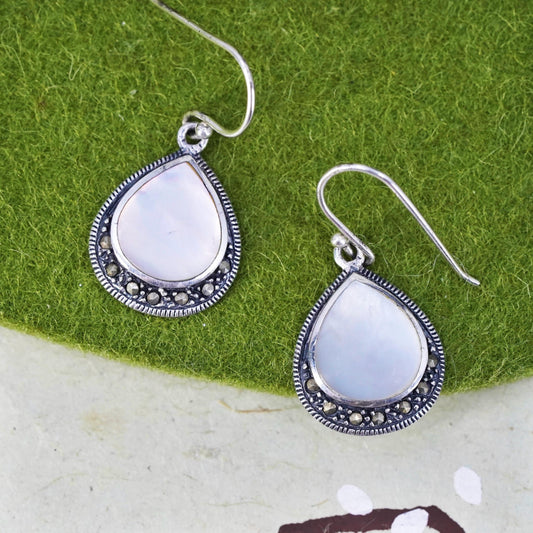 Vintage sterling silver 925 teardrop earrings with mother of pearl marcasite