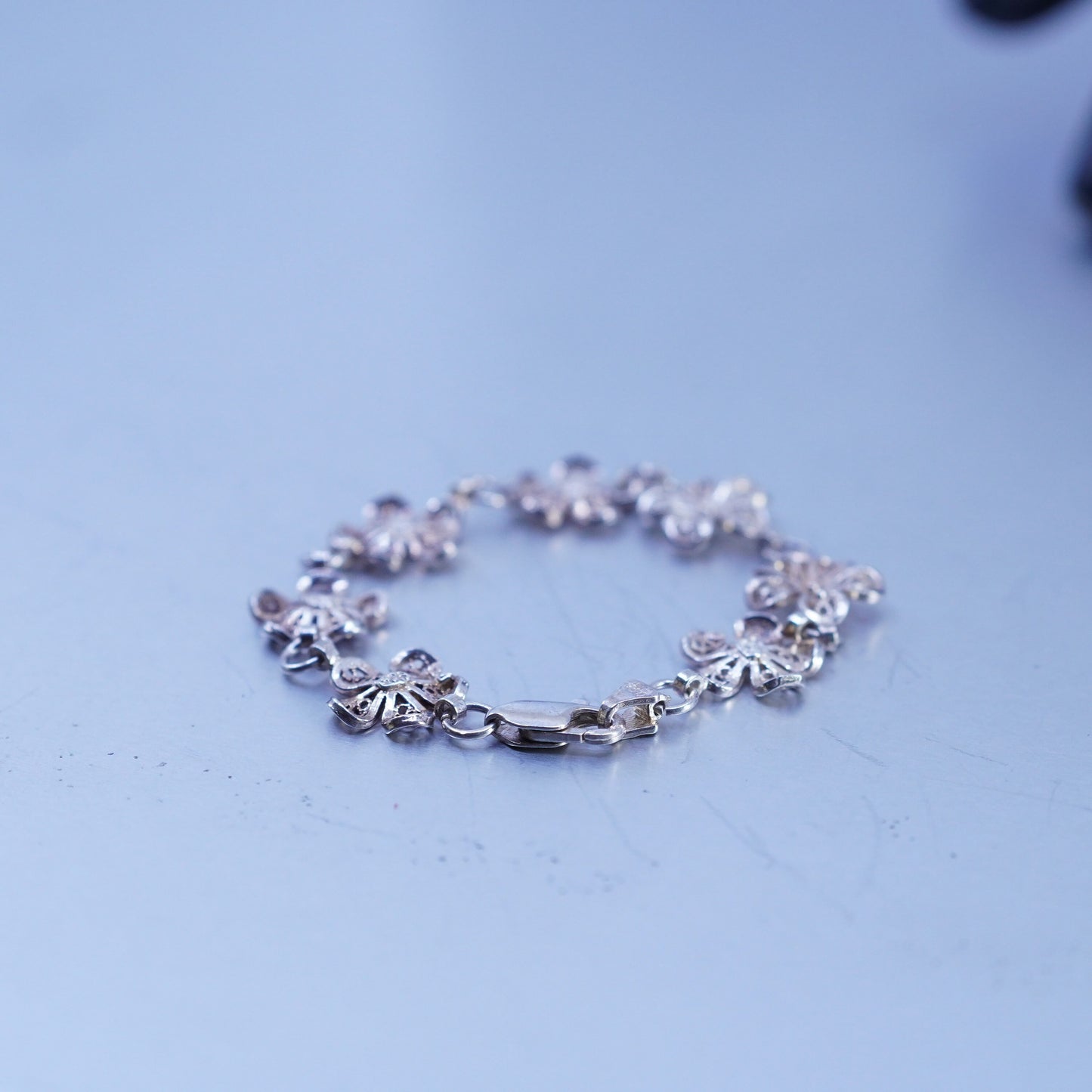 5.5”, vintage Sterling 925 silver handmade filigree flower bracelet