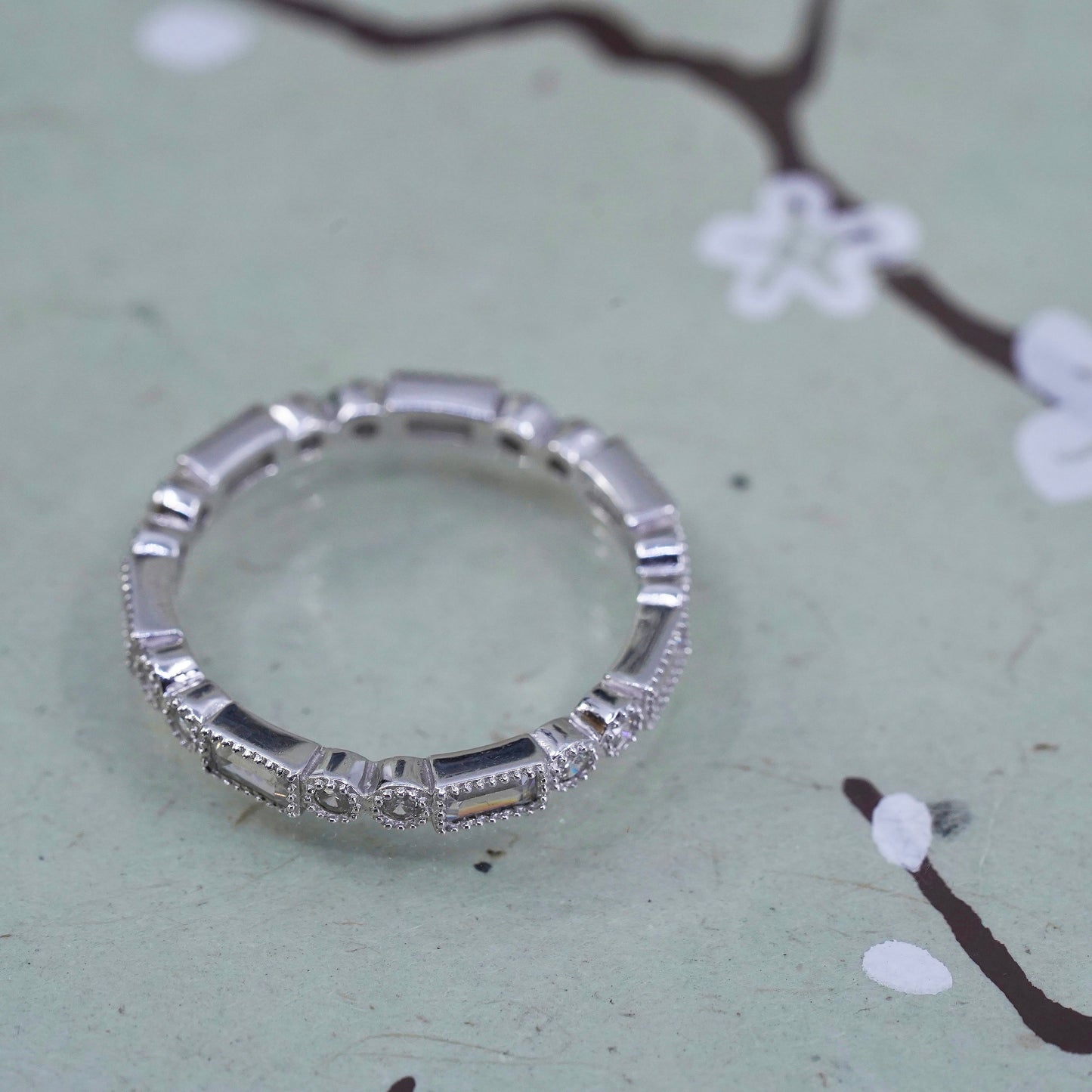 Size 10, Vietnam sterling 925 silver ring with cluster CZ, stackable band