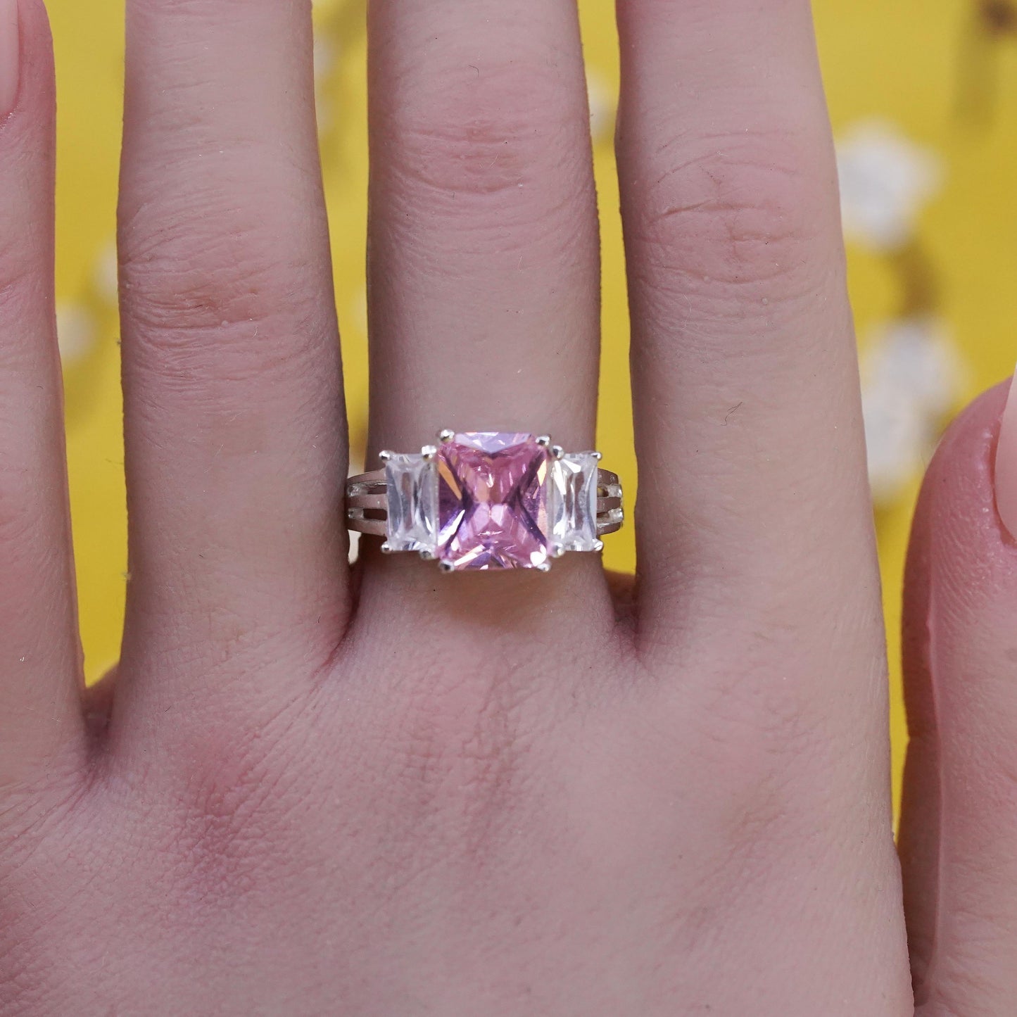 Size 7.5, vintage Sterling 925 silver ring with pink crystal and clear cz