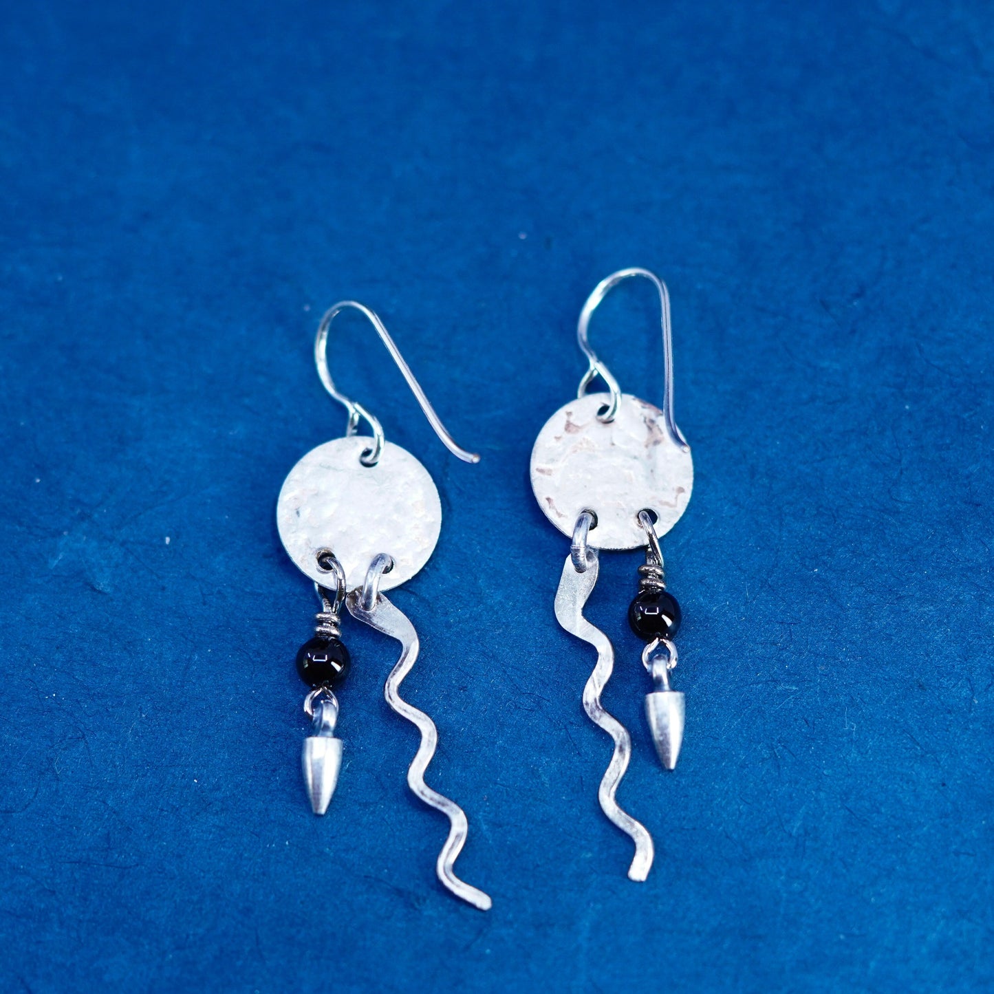 Southwestern sterling silver handmade earrings, 925 multi disc with onyx beads