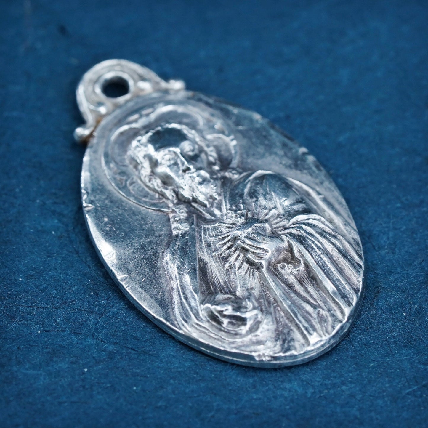 Vintage Sterling silver handmade pendant, 925 relief Jesus Virgin Mary charm