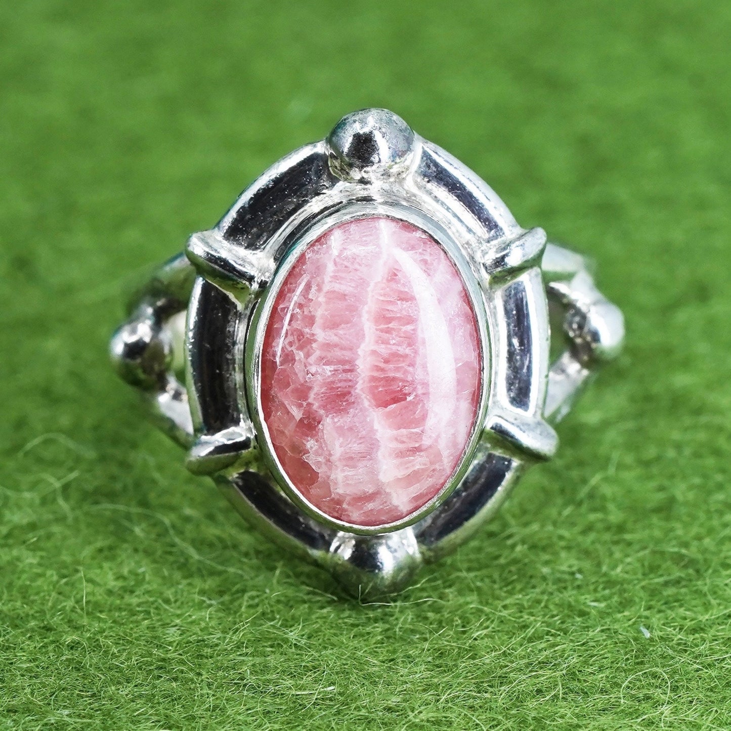Size 9, sterling silver ring, handmade filigree 925 ring w/ pink Rhodochrosite